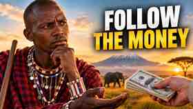 Maasai man in Tanzania receiving money from a tourist, with Mount Kilimanjaro and wildlife behind him, under the words Follow the Money.